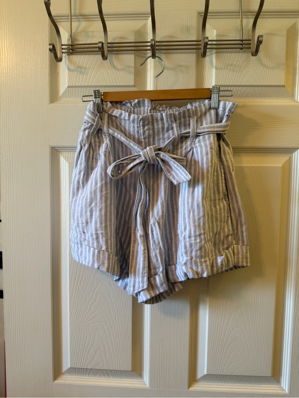Abercrombie & Fitch Light Blue and White Striped High-Waist Shorts